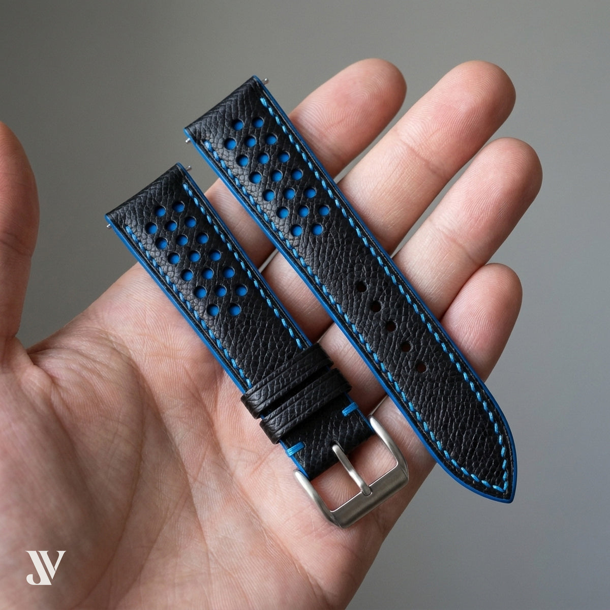 Black Blue Epsom Rally Leather Watch Strap — shown on watch