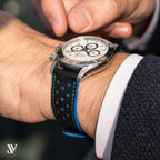 Black Blue Epsom Rally Leather Watch Strap — shown on watch
