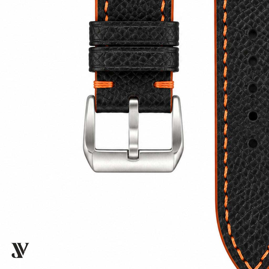 Black Orange Epsom Rally Leather Watch Strap — buckle detail