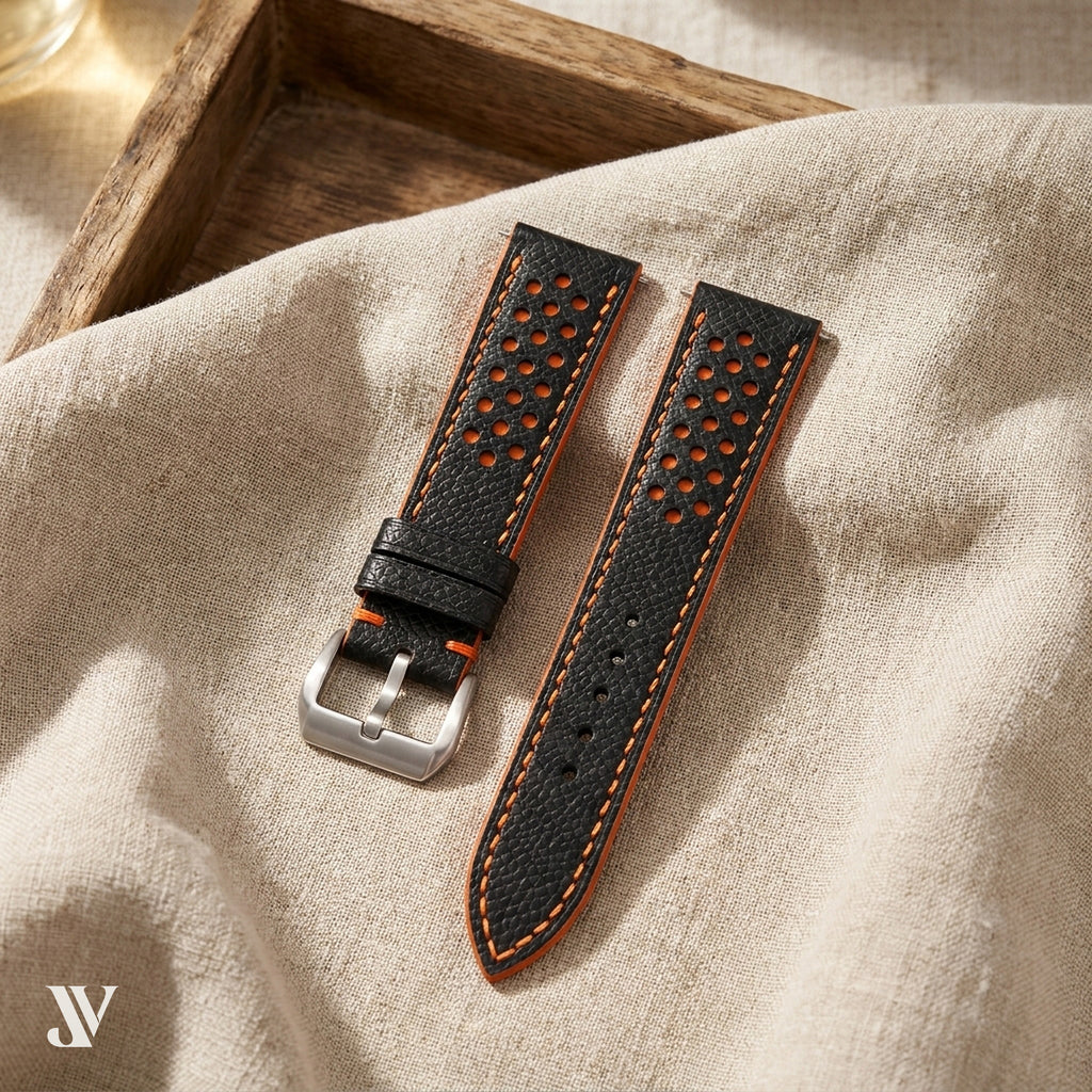 Black Orange Epsom Rally Leather Watch Strap — styled scene