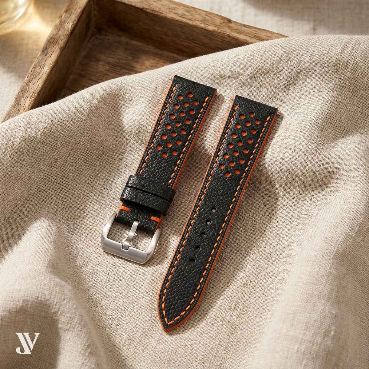 Black Orange Epsom Rally Leather Watch Strap — styled scene