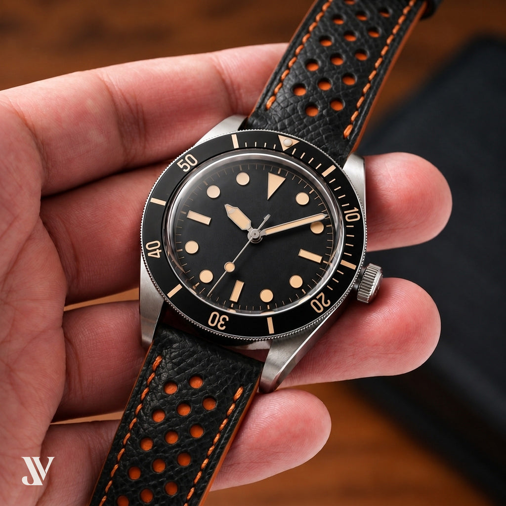 Black Orange Epsom Rally Leather Watch Strap — shown on watch