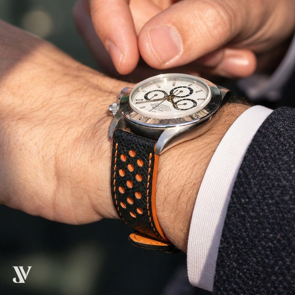 Black Orange Epsom Rally Leather Watch Strap — shown on watch