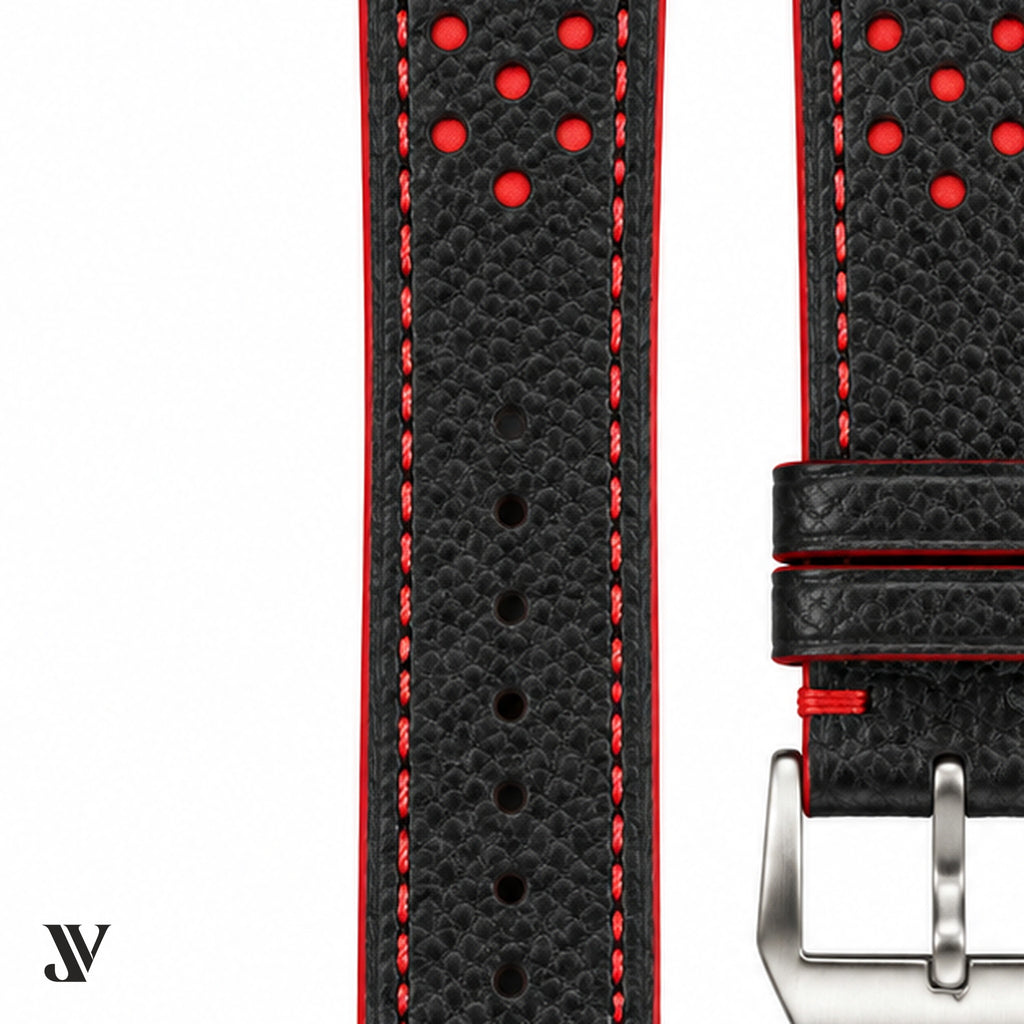 Black Red Epsom Rally Leather Watch Strap — stitching detail