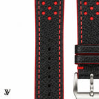 Black Red Epsom Rally Leather Watch Strap — stitching detail