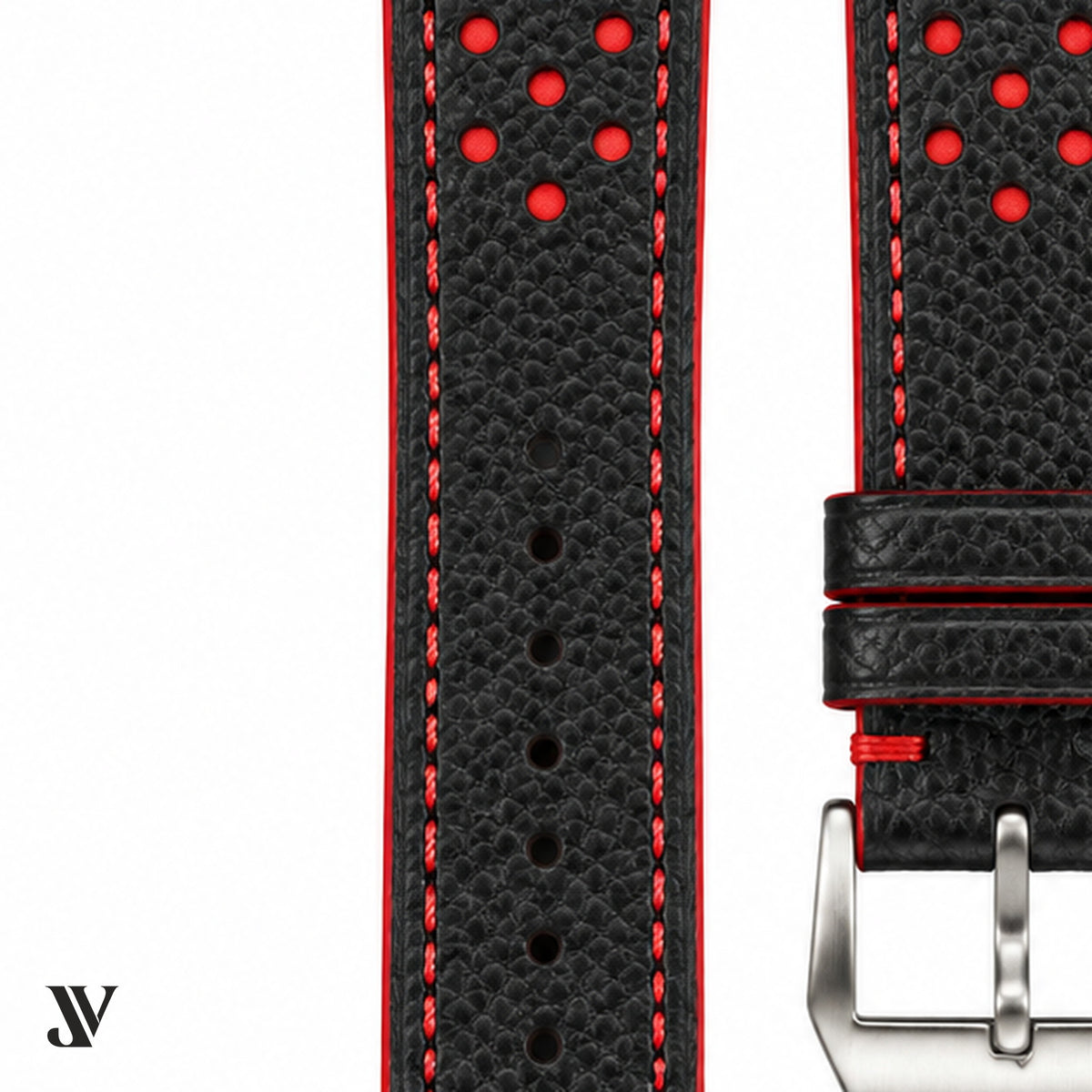 Black Red Epsom Rally Leather Watch Strap — stitching detail