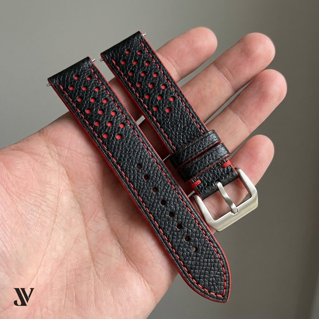 Black Red Epsom Rally Leather Watch Strap — shown on watch