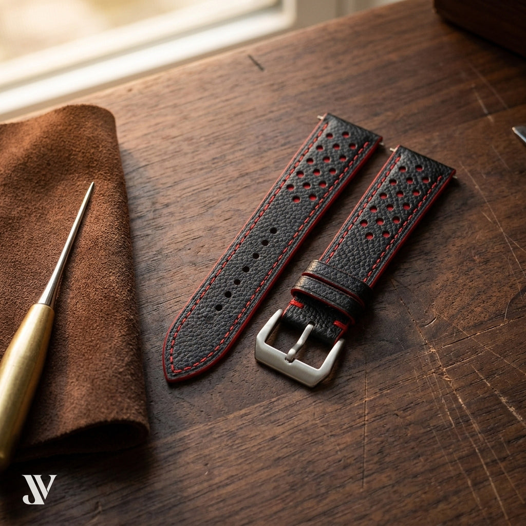 Black Red Epsom Rally Leather Watch Strap — styled scene