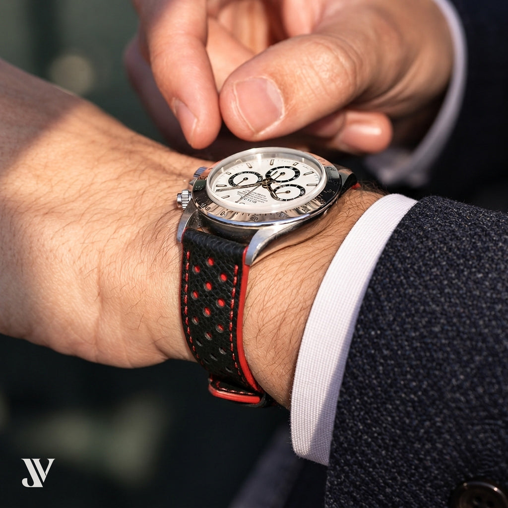 Black Red Epsom Rally Leather Watch Strap — shown on watch