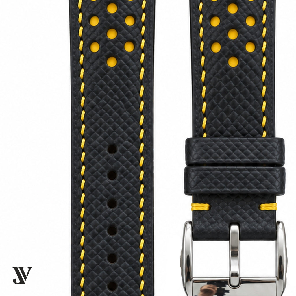 Black Yellow Epsom Rally Leather Watch Strap — stitching detail