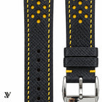 Black Yellow Epsom Rally Leather Watch Strap — stitching detail