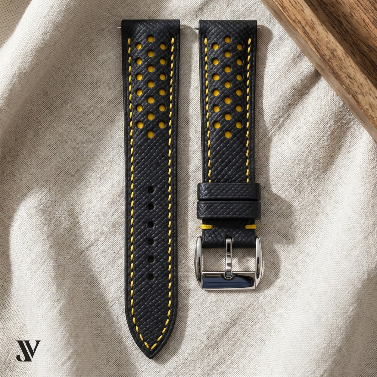 Black Yellow Epsom Rally Leather Watch Strap — styled scene