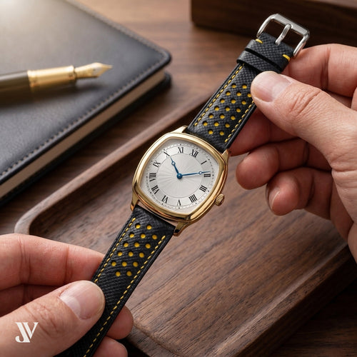 Black Yellow Epsom Rally Leather Watch Strap — shown on watch