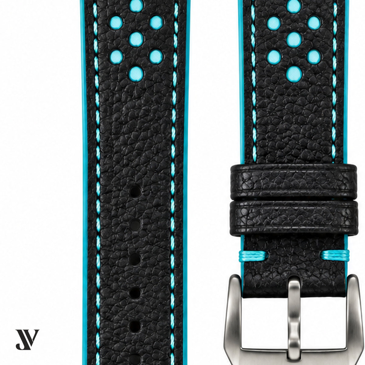Black Turquoise Epsom Rally Watch Strap – Custom Padded & Curved End Options — stitching detail