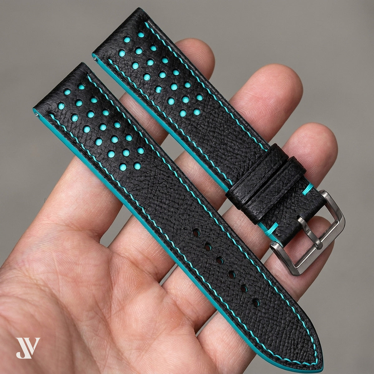 Black Epsom Rally Leather Watch Strap — shown on watch