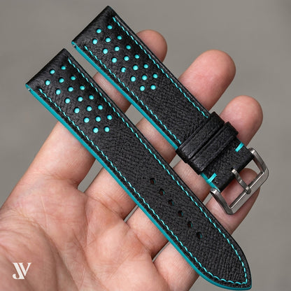 Black Epsom Rally Leather Watch Strap — shown on watch