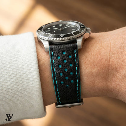 Black Epsom Rally Leather Watch Strap — shown on watch