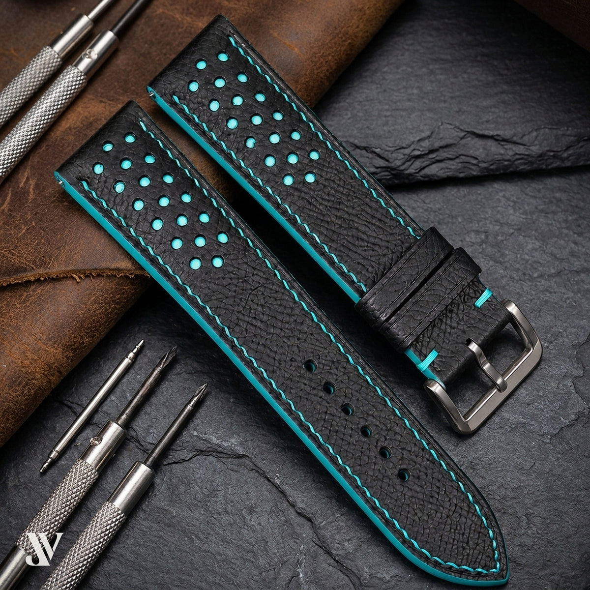 Black Epsom Rally Leather Watch Strap — styled scene