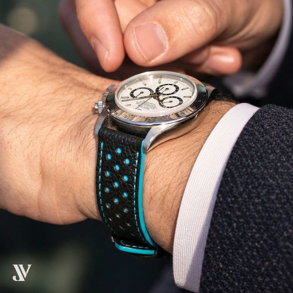 Black Turquoise Epsom Rally Watch Strap – Custom Padded & Curved End Options — shown on watch