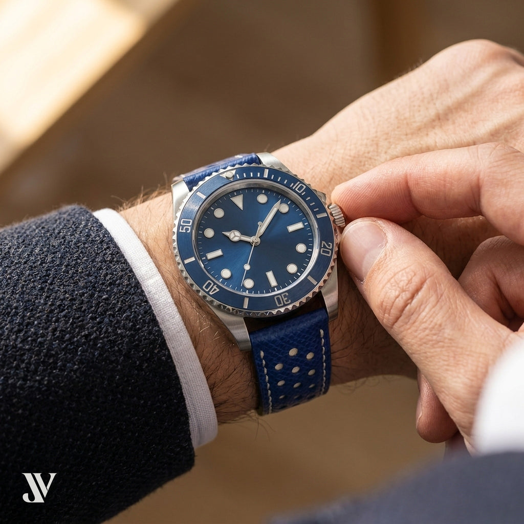 Blue White Epsom Rally Leather Watch Strap — shown on watch