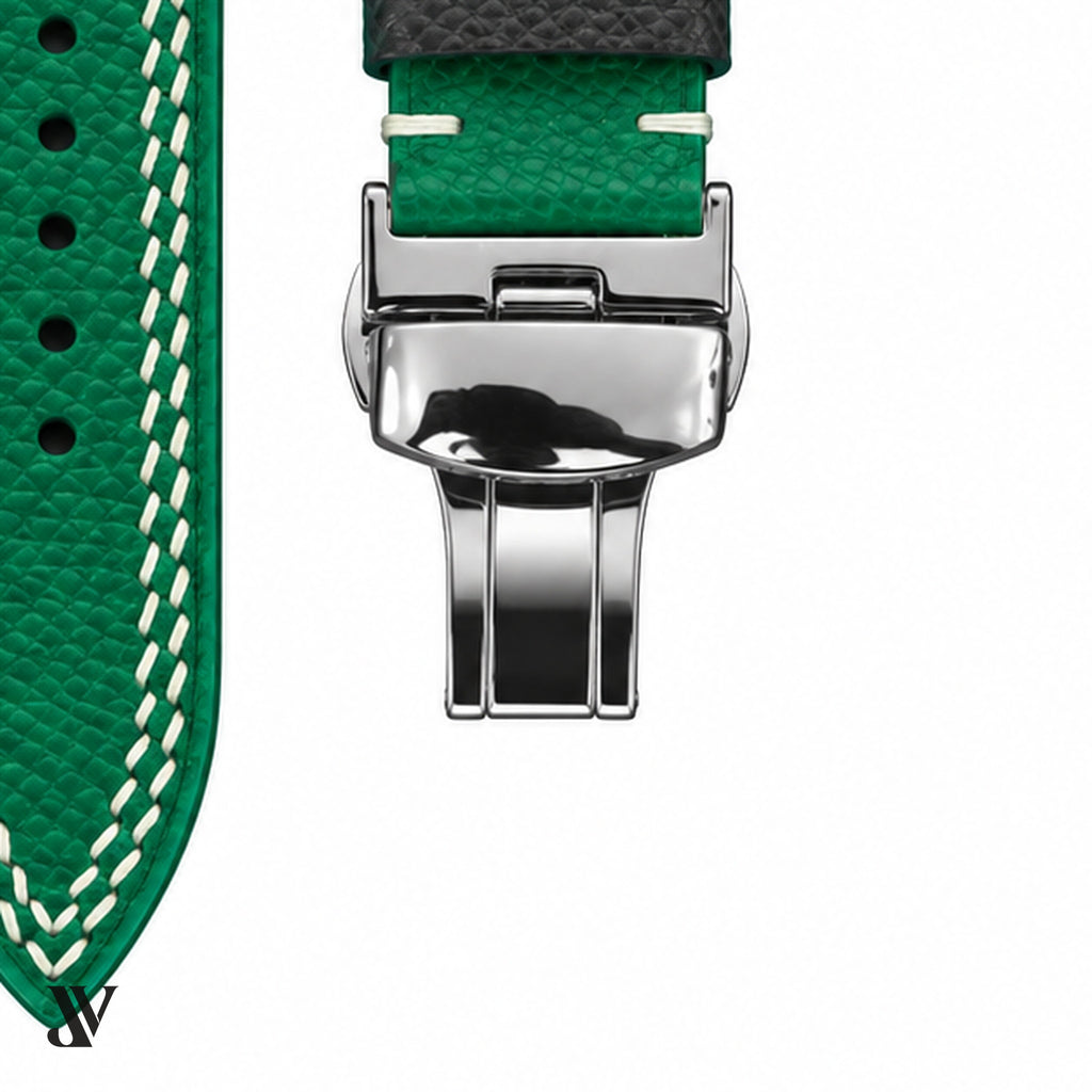 Green Gray Epsom Rally Leather Watch Strap — buckle detail