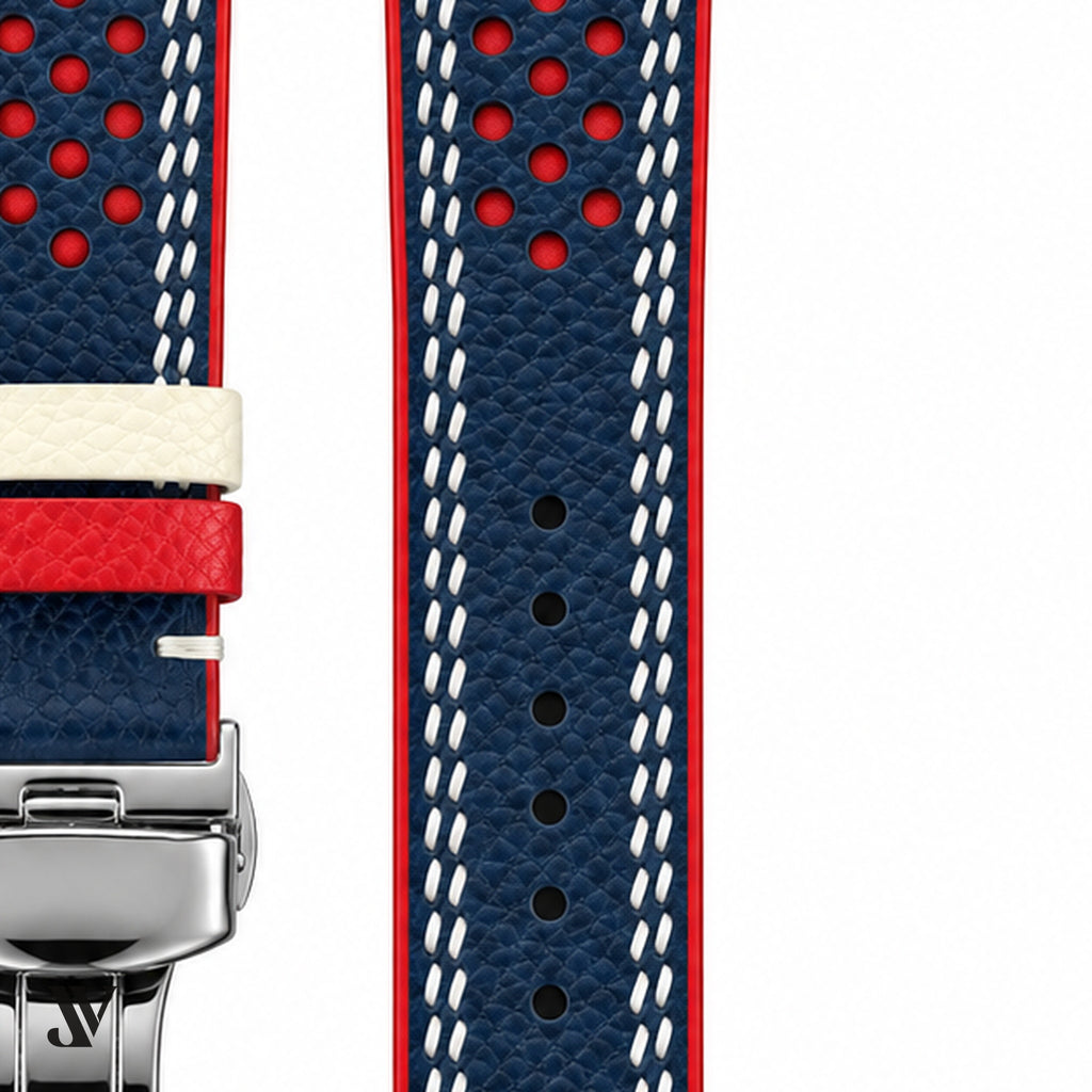 Navy Red Epsom Rally Leather Watch Strap — stitching detail