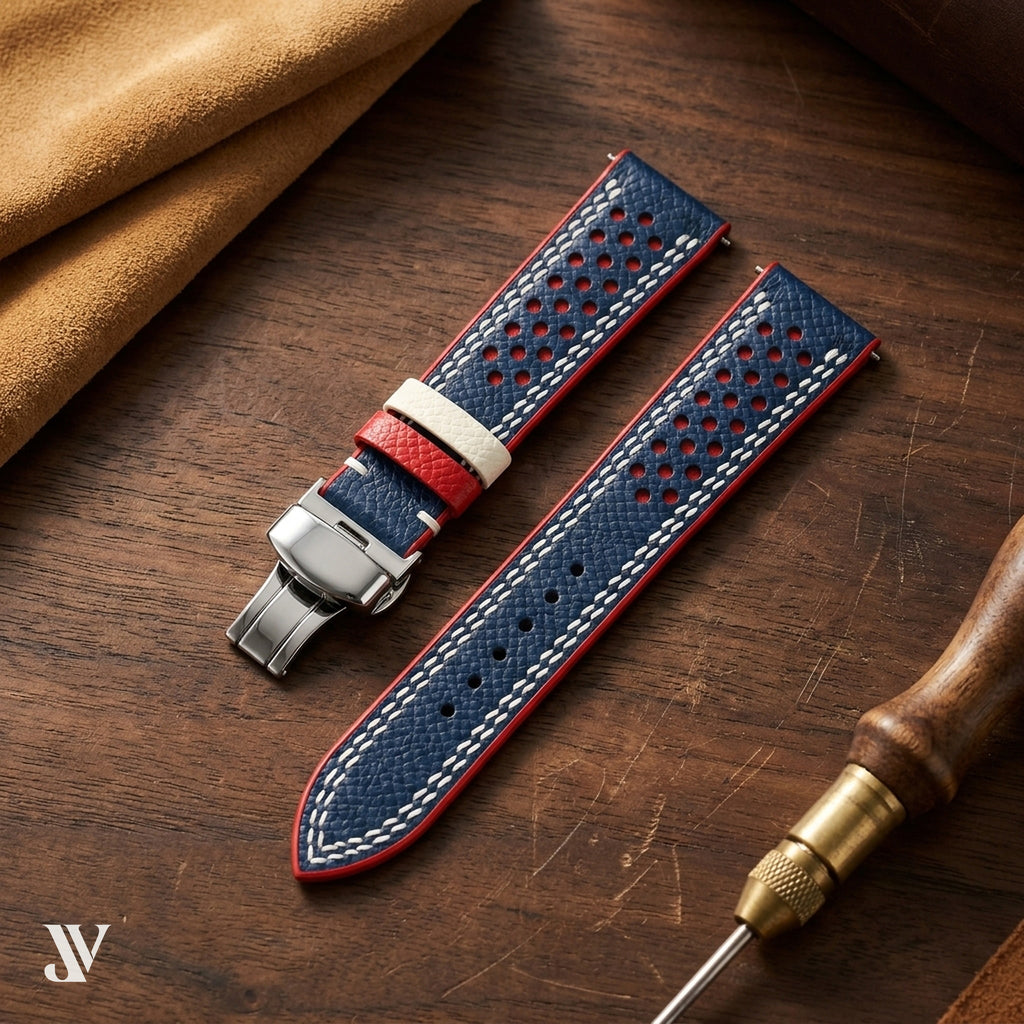 Navy Red Epsom Rally Leather Watch Strap — styled scene