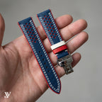 Navy Red Epsom Rally Leather Watch Strap — shown on watch
