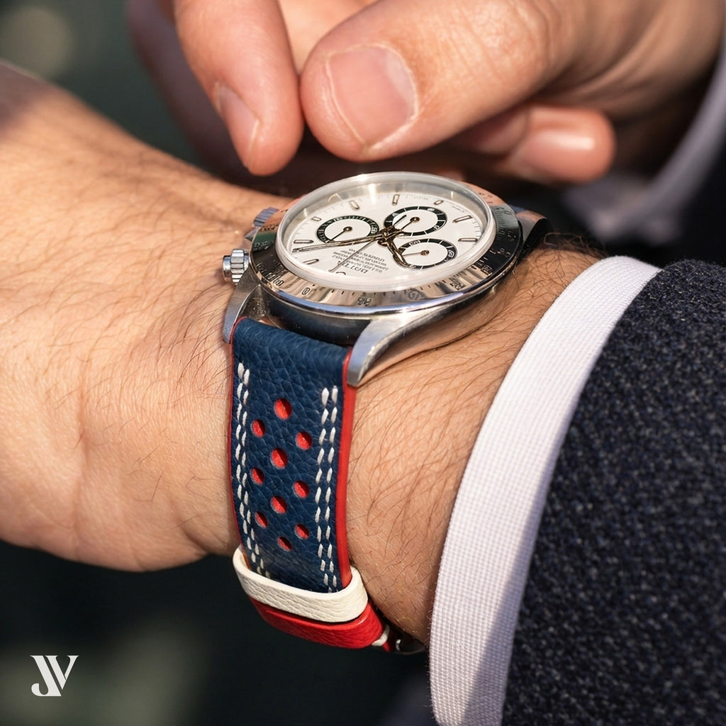 Navy Red Epsom Rally Leather Watch Strap — shown on watch