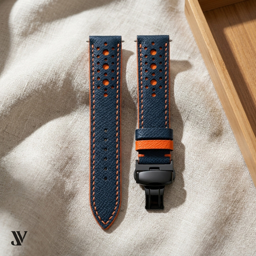 Navy Blue Orange Epsom Rally Leather Watch Strap — styled scene