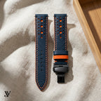 Navy Blue Orange Epsom Rally Leather Watch Strap — styled scene