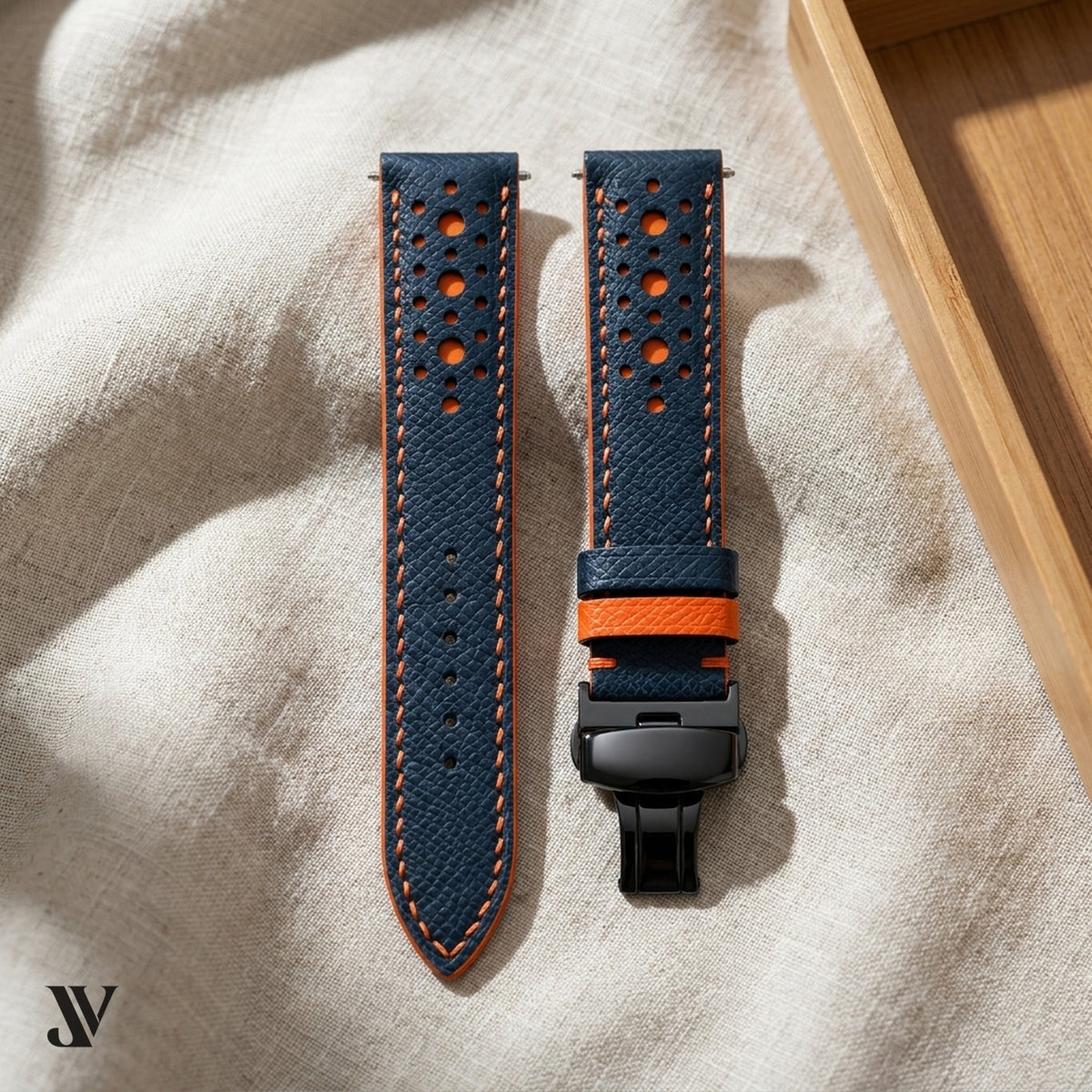 Navy Blue Orange Epsom Rally Leather Watch Strap — styled scene