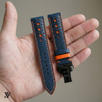 Navy Blue Orange Epsom Rally Leather Watch Strap — shown on watch
