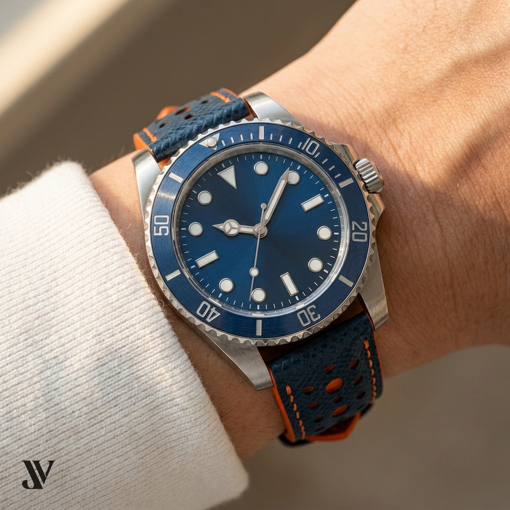 Navy Blue Orange Epsom Rally Leather Watch Strap — shown on watch
