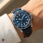 Navy Blue Orange Epsom Rally Leather Watch Strap — shown on watch