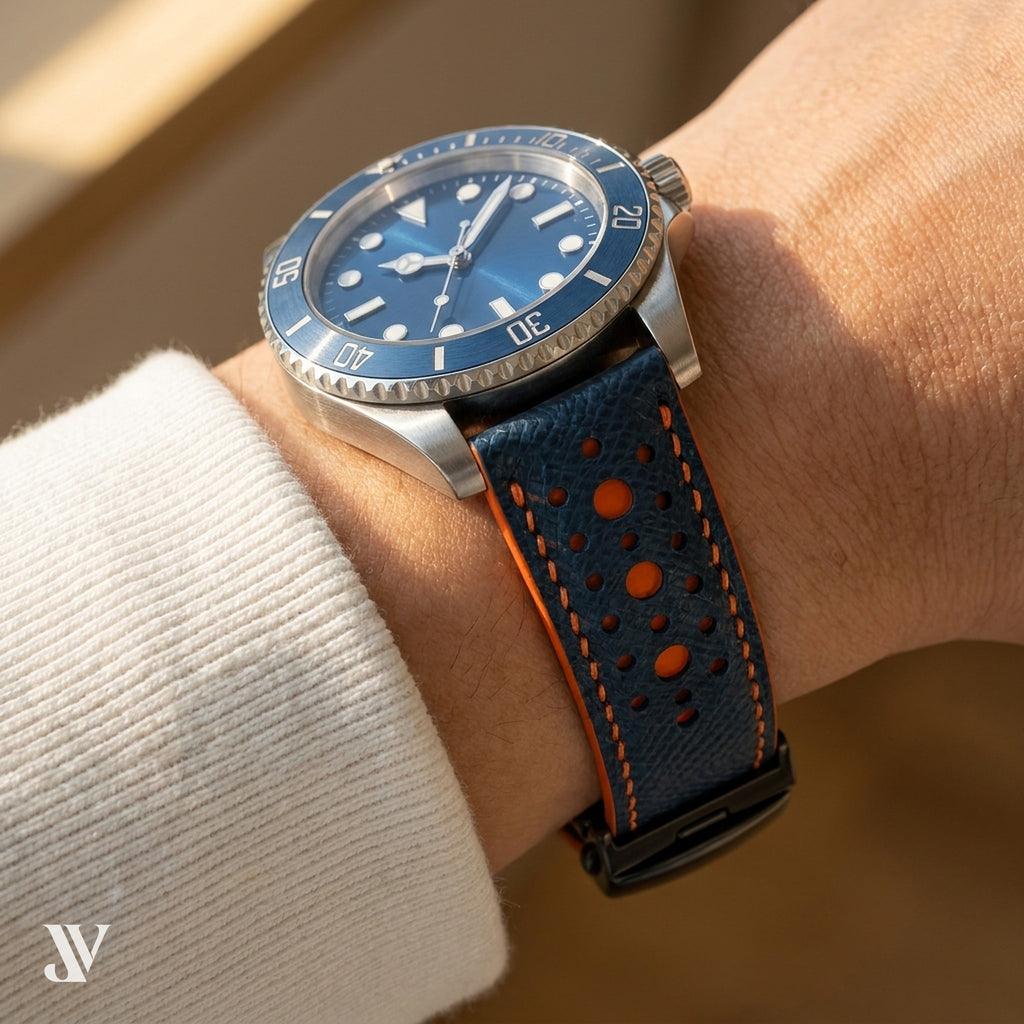 Navy Blue Orange Epsom Rally Leather Watch Strap — shown on watch