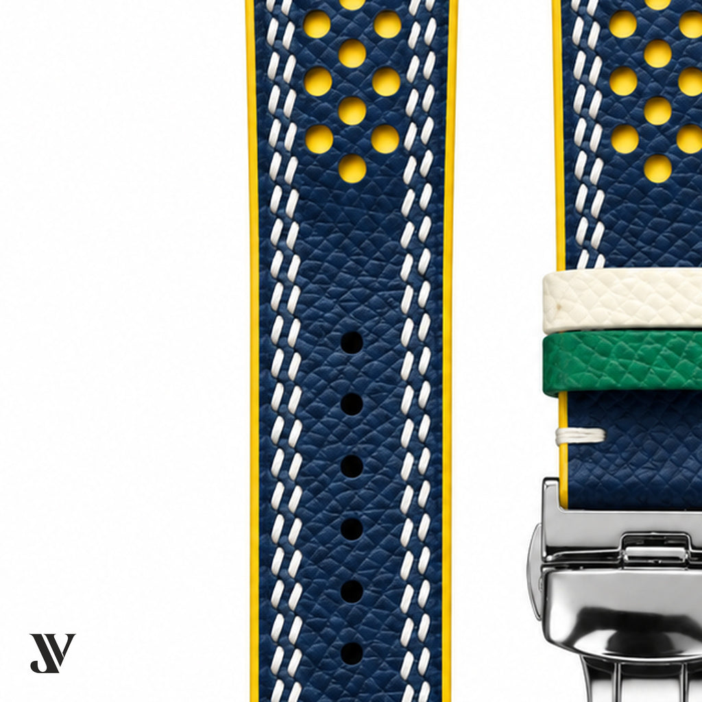 Navy & Yellow Epsom Rally Leather Watch Strap — stitching detail