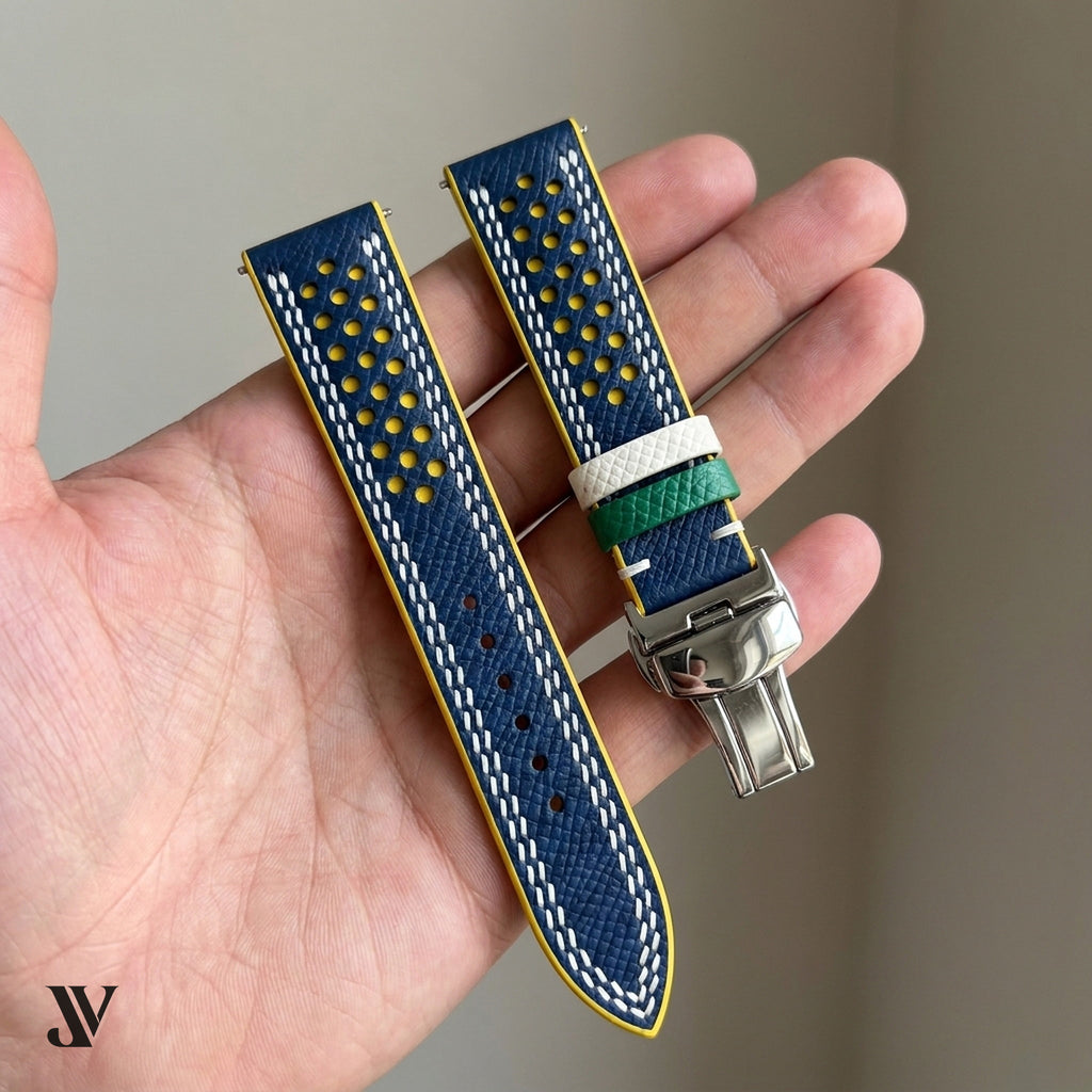 Navy & Yellow Epsom Rally Leather Watch Strap — shown on watch