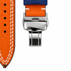 Orange Blue Epsom Rally Leather Watch Strap with Butterfly Clasp — buckle detail