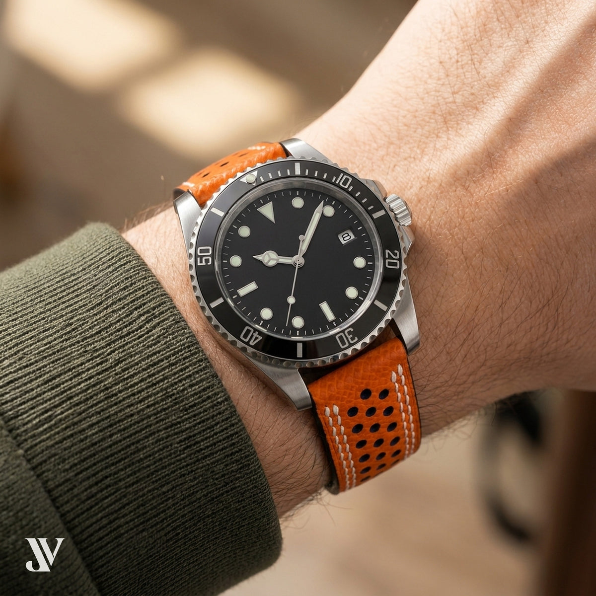 Orange Blue Epsom Rally Leather Watch Strap with Butterfly Clasp — shown on watch