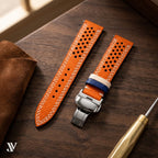 Orange Blue Epsom Rally Leather Watch Strap with Butterfly Clasp — styled scene