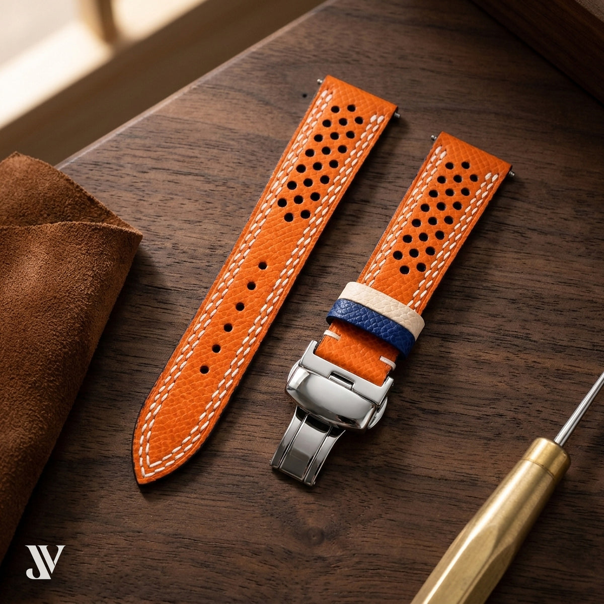 Orange Blue Epsom Rally Leather Watch Strap with Butterfly Clasp — styled scene