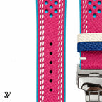 Pink & Light Blue Epsom Rally Leather Watch Strap — stitching detail