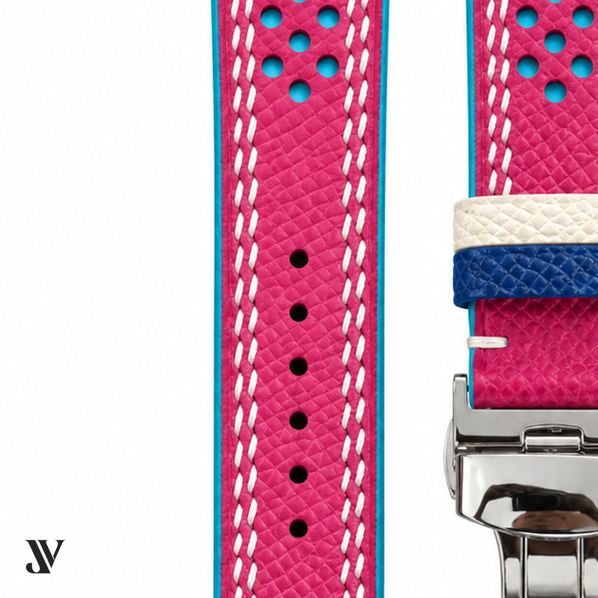Pink & Light Blue Epsom Rally Leather Watch Strap — stitching detail