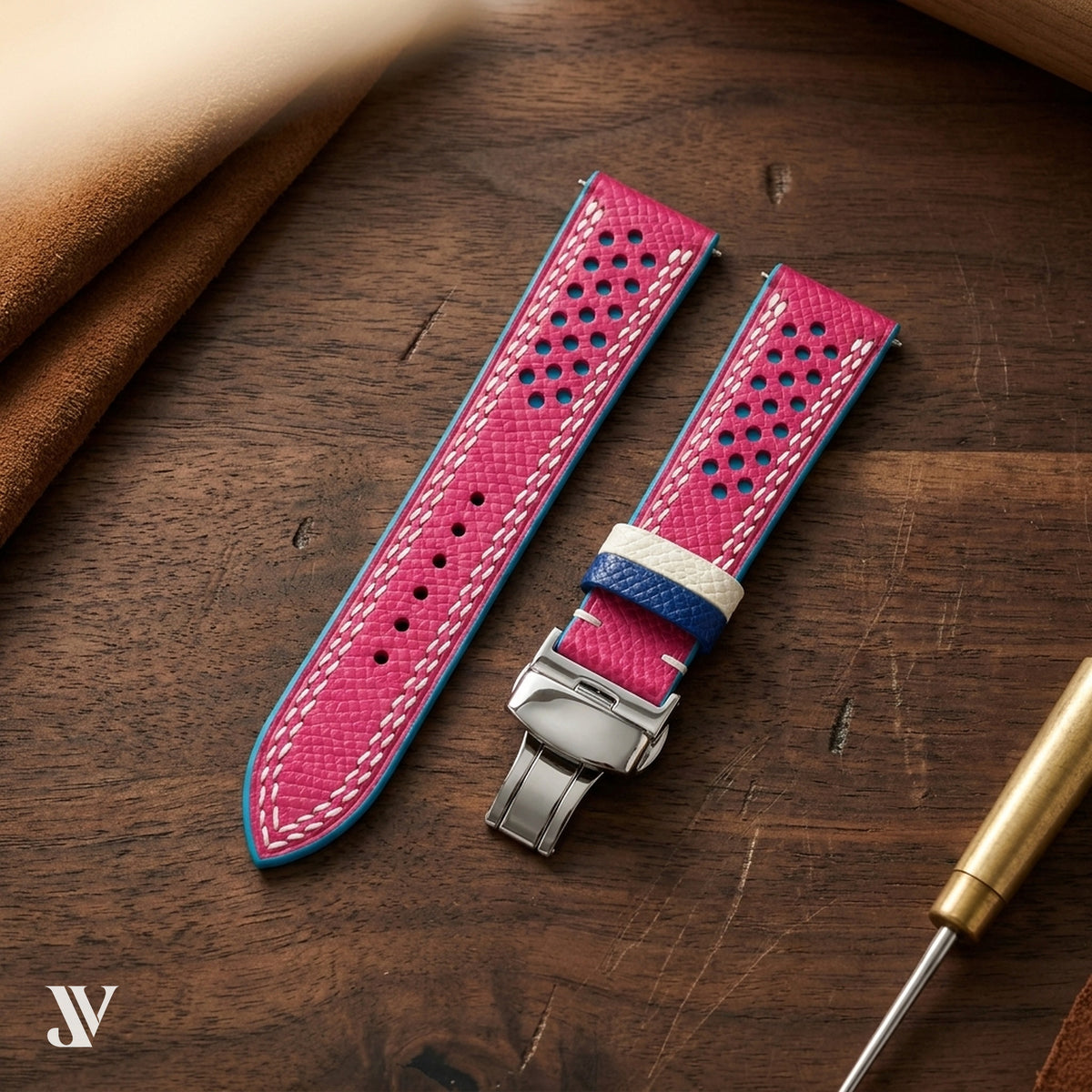 Pink & Light Blue Epsom Rally Leather Watch Strap — styled scene
