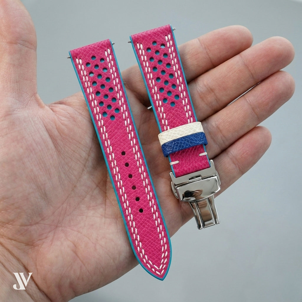 Pink & Light Blue Epsom Rally Leather Watch Strap — shown on watch