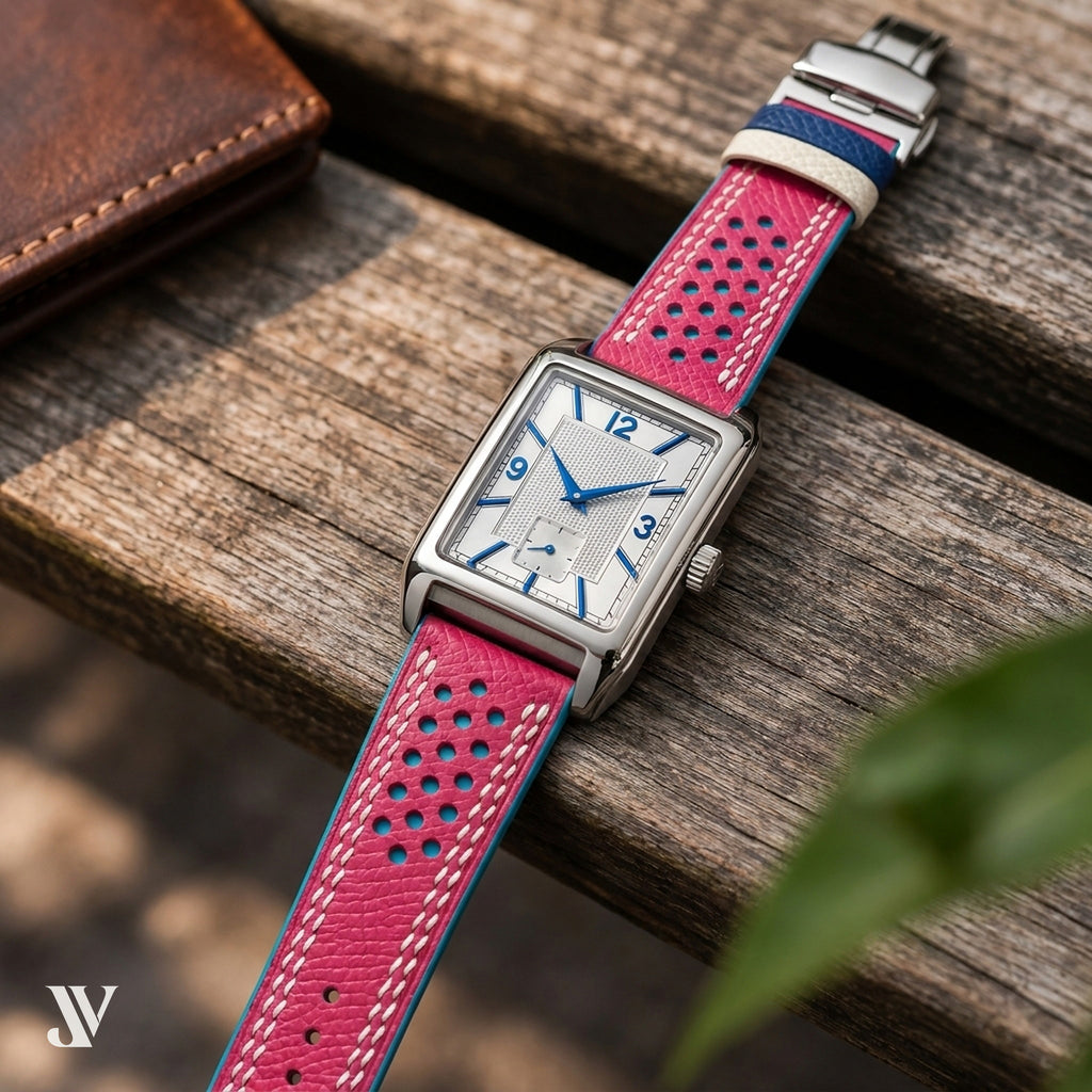 Pink & Light Blue Epsom Rally Leather Watch Strap — shown on watch