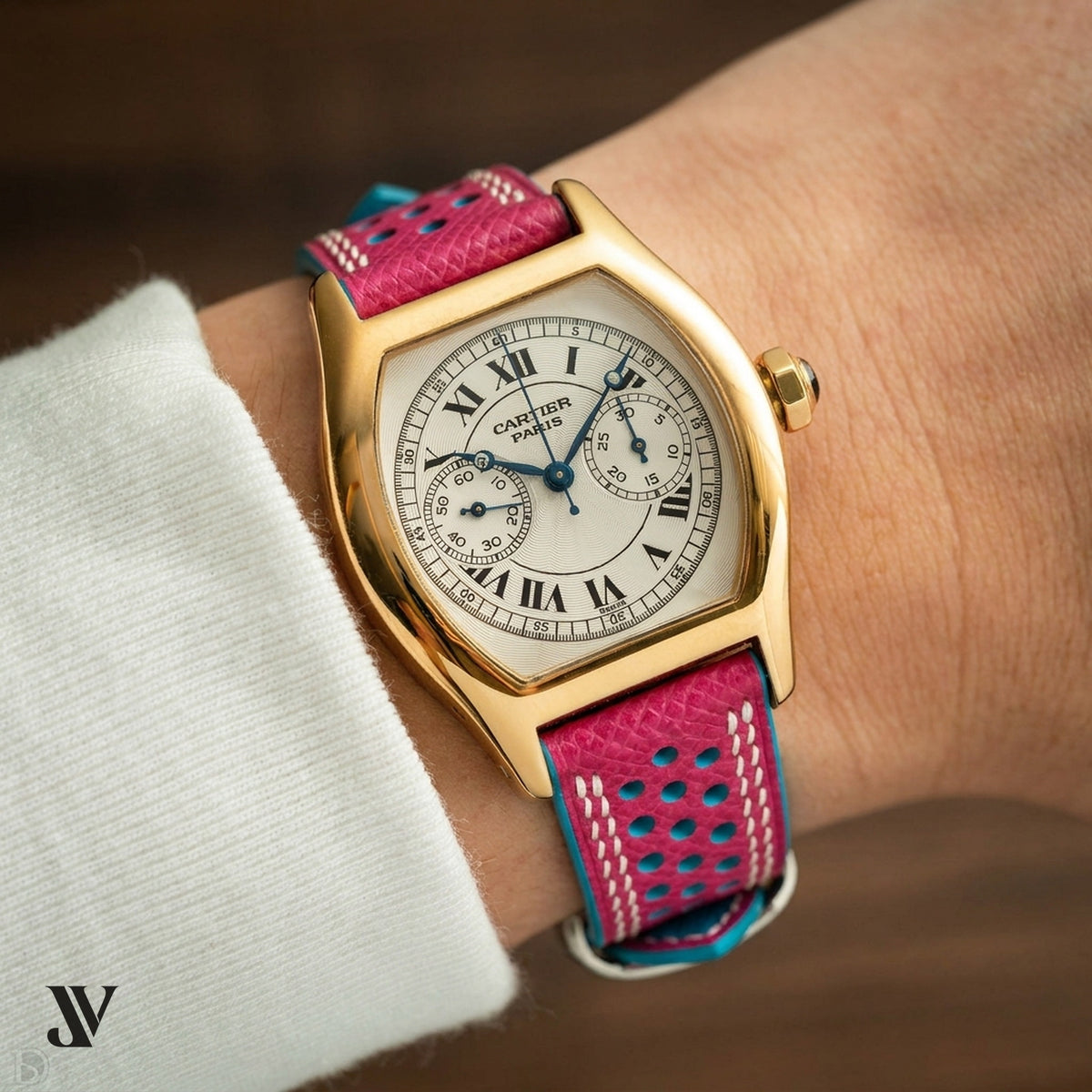 Pink & Light Blue Epsom Rally Leather Watch Strap — shown on watch