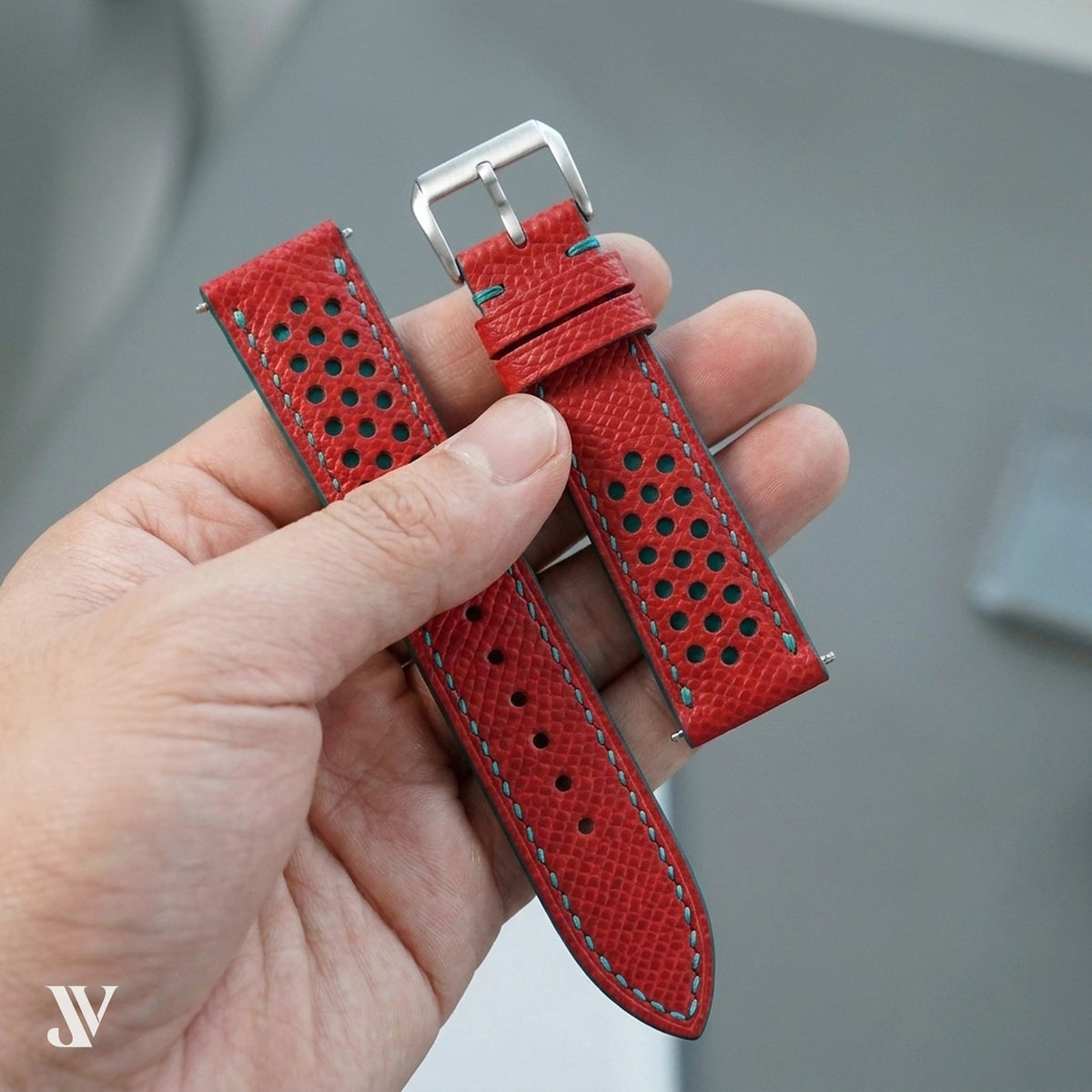 Red Teal Epsom Rally Leather Watch Strap — shown on watch
