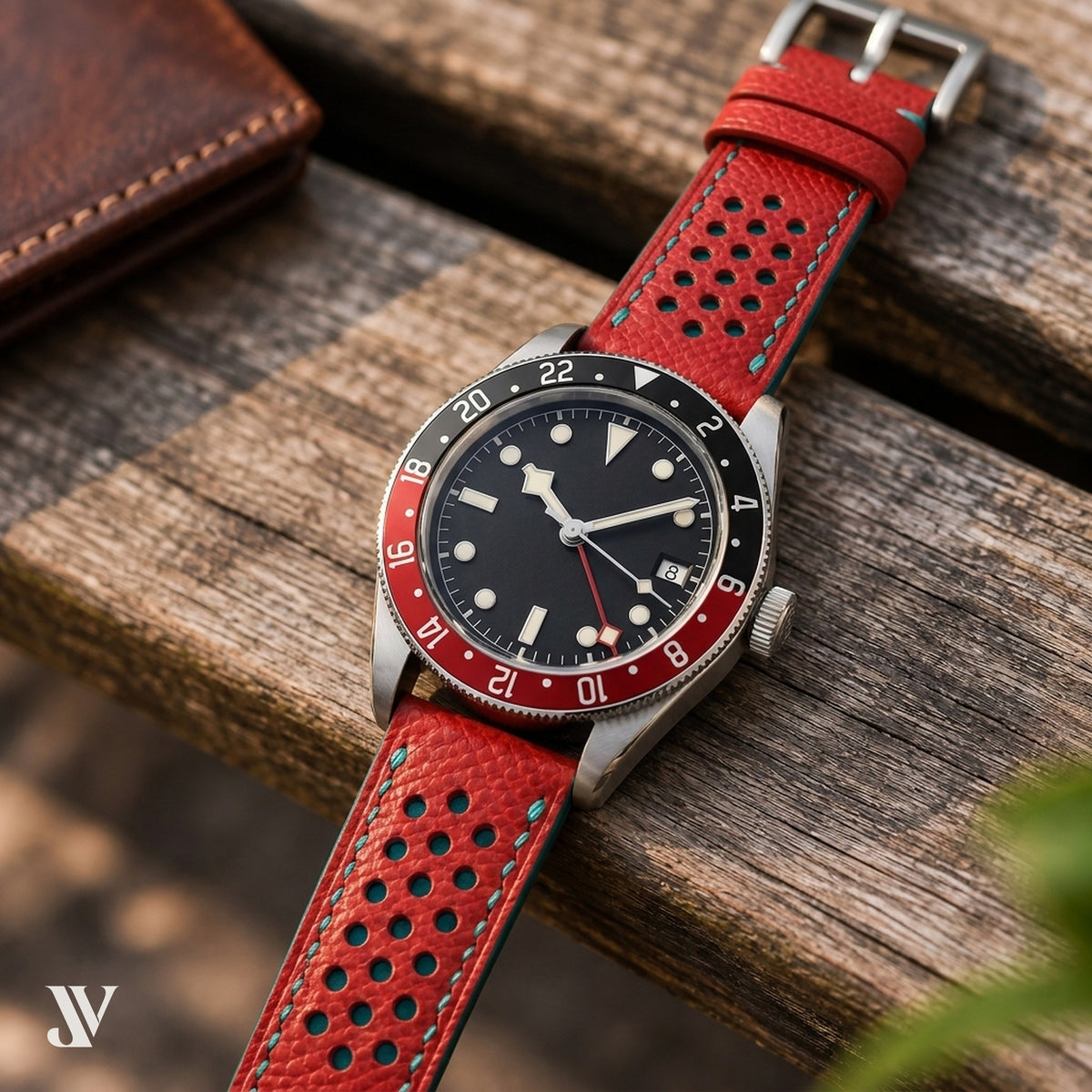 Red Teal Epsom Rally Leather Watch Strap — shown on watch